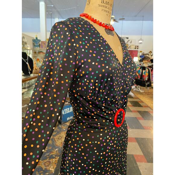 1970s maxi dress, rainbow polka dots, betty lou, 70s does 30s, 1930s style dress - Picture 3 of 10
